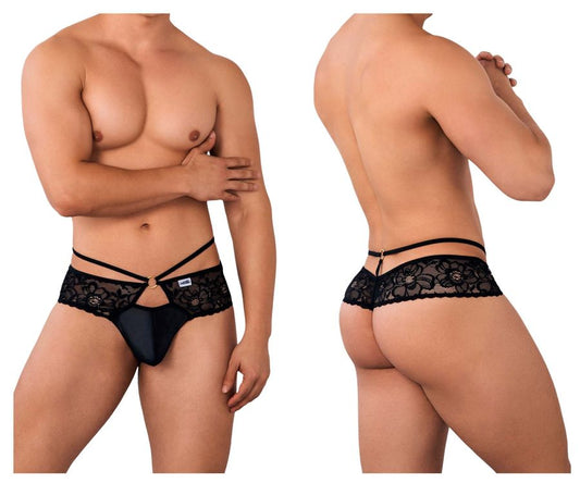 Black lace-trimmed thong candyMan 99647 with gold-tone clasp and crisscross straps in black color