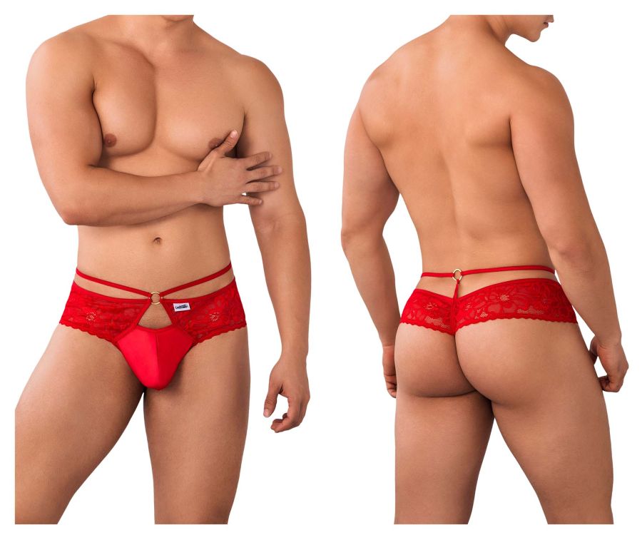 Red lace thong with decorative floral pattern and central gold-tone clasp from candyman 99647 collection