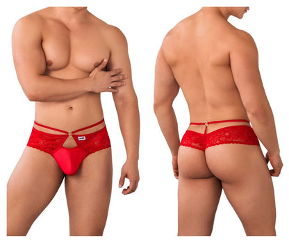 Red lace thong with decorative floral pattern and central gold-tone clasp from candyman 99647 collection