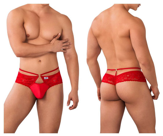 Red lace thong with decorative floral pattern and central gold-tone clasp from candyman 99647 collection