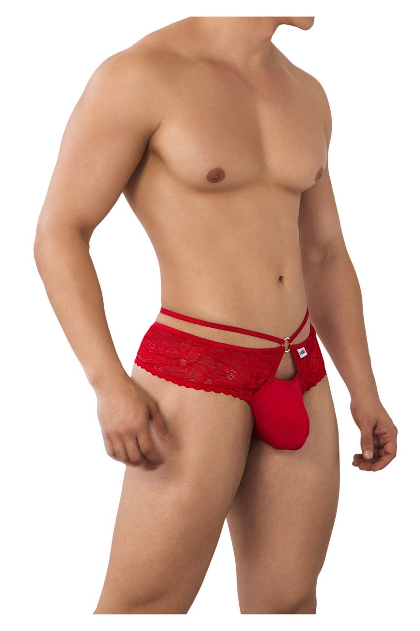 Red lace mens briefs with central pouch and decorative trim from candyman 99647 lace thongs in red