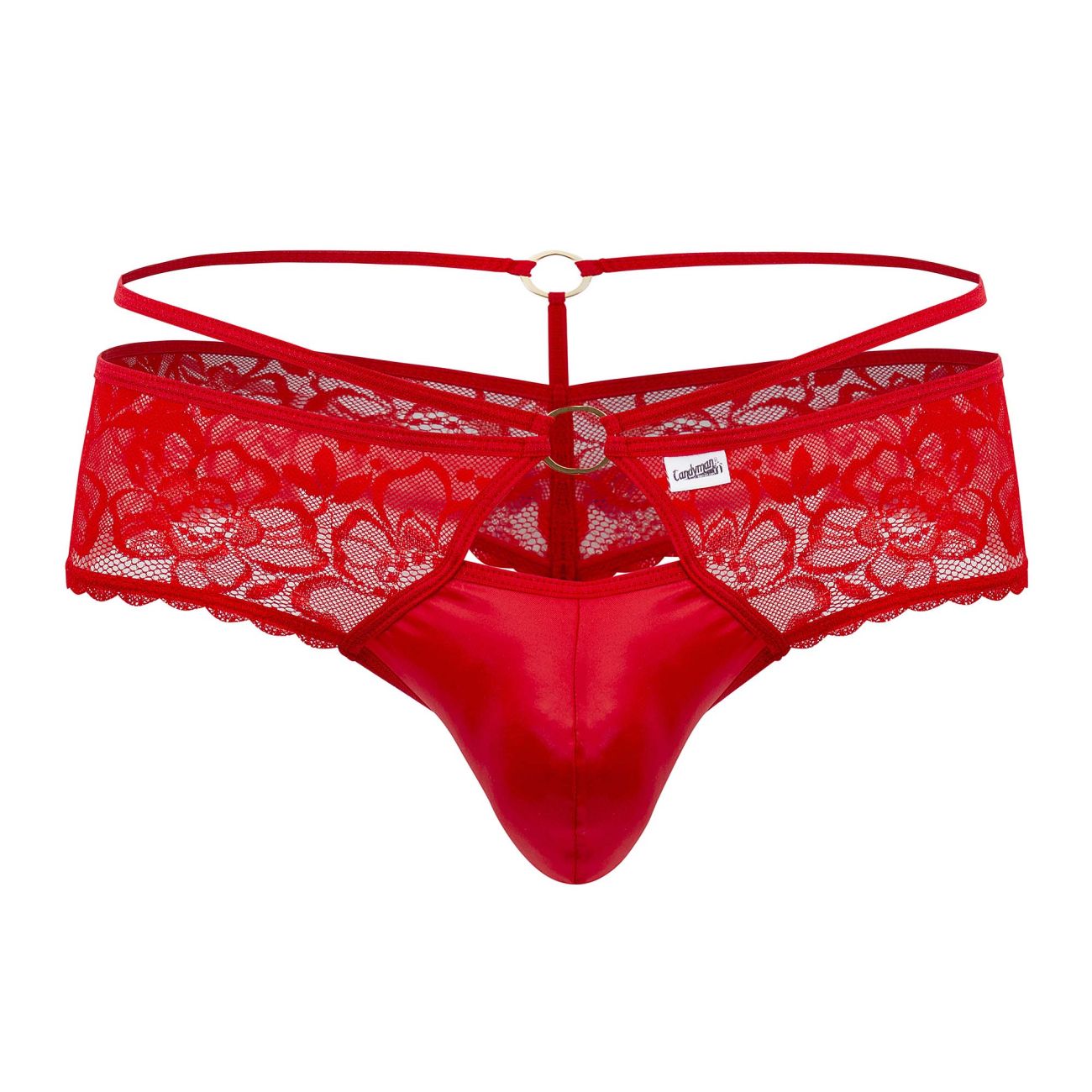 Red lace thong CandyMan 99647 with shiny satin front and adjustable straps in vibrant red color