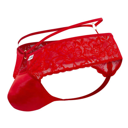 Red lace thong candyman 99647 with satin front panel and adjustable straps in red