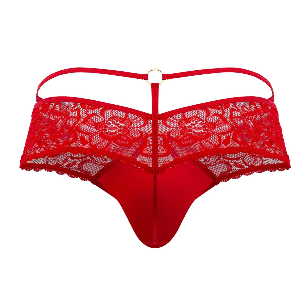 Back view of candyman 99647 red lace thong with floral pattern and central metal ring detail