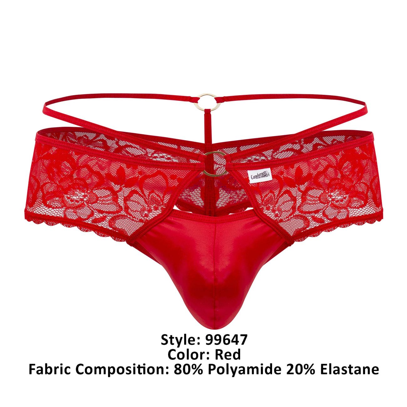 Red lace thong with satin front and adjustable straps from candyman 99647 collection in vibrant red color
