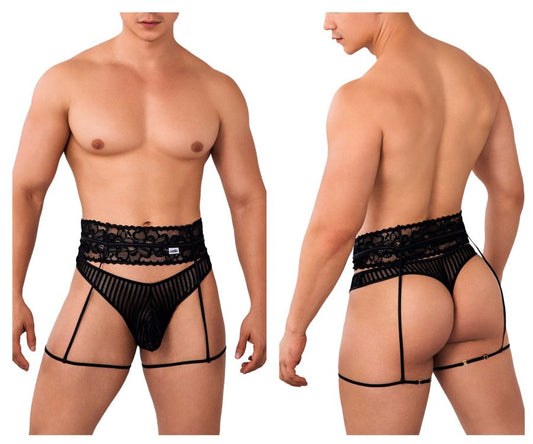 Black lace-trimmed candyMan 99648 garter thong sheer mesh briefs with side straps and back ties shown from back