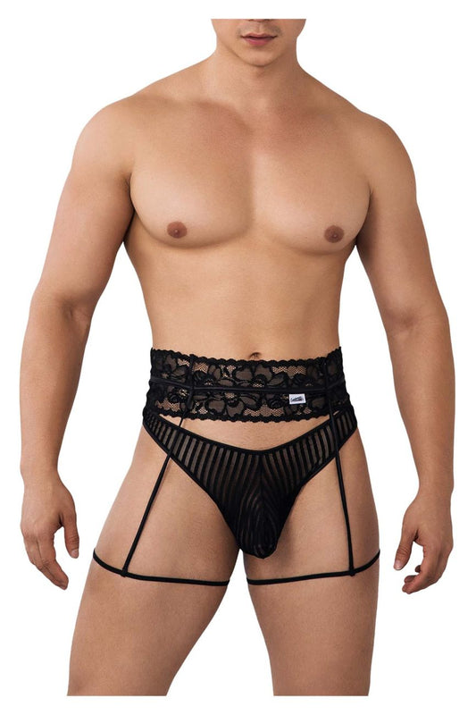CandyMan 99648 black garter thongs for men with black lace trim sheer mesh and supportive straps visible from the back