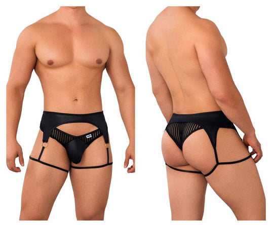 Black leather-like harness-style garter thongs with mesh panels and gold-tone rings by candyman model 99655