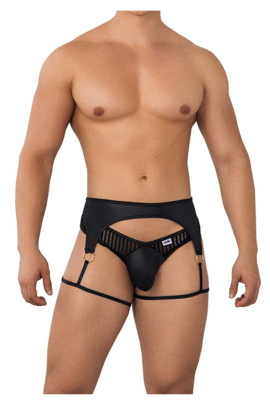 Black leather-like CandyMan 99655 garter thongs with gold-tone metal rings and mesh panel design