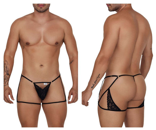 Black lace thong garter thongs with adjustable side straps and intricate floral embroidery back panel candyMan 99678