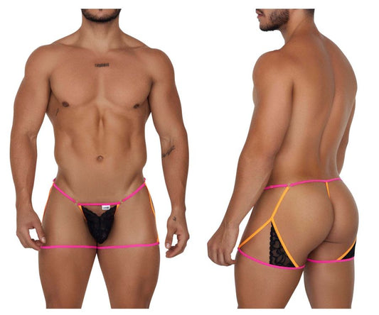 Black lace garter thong with vibrant pink and orange neon trim candyMan 99678 neon-black color visible from back