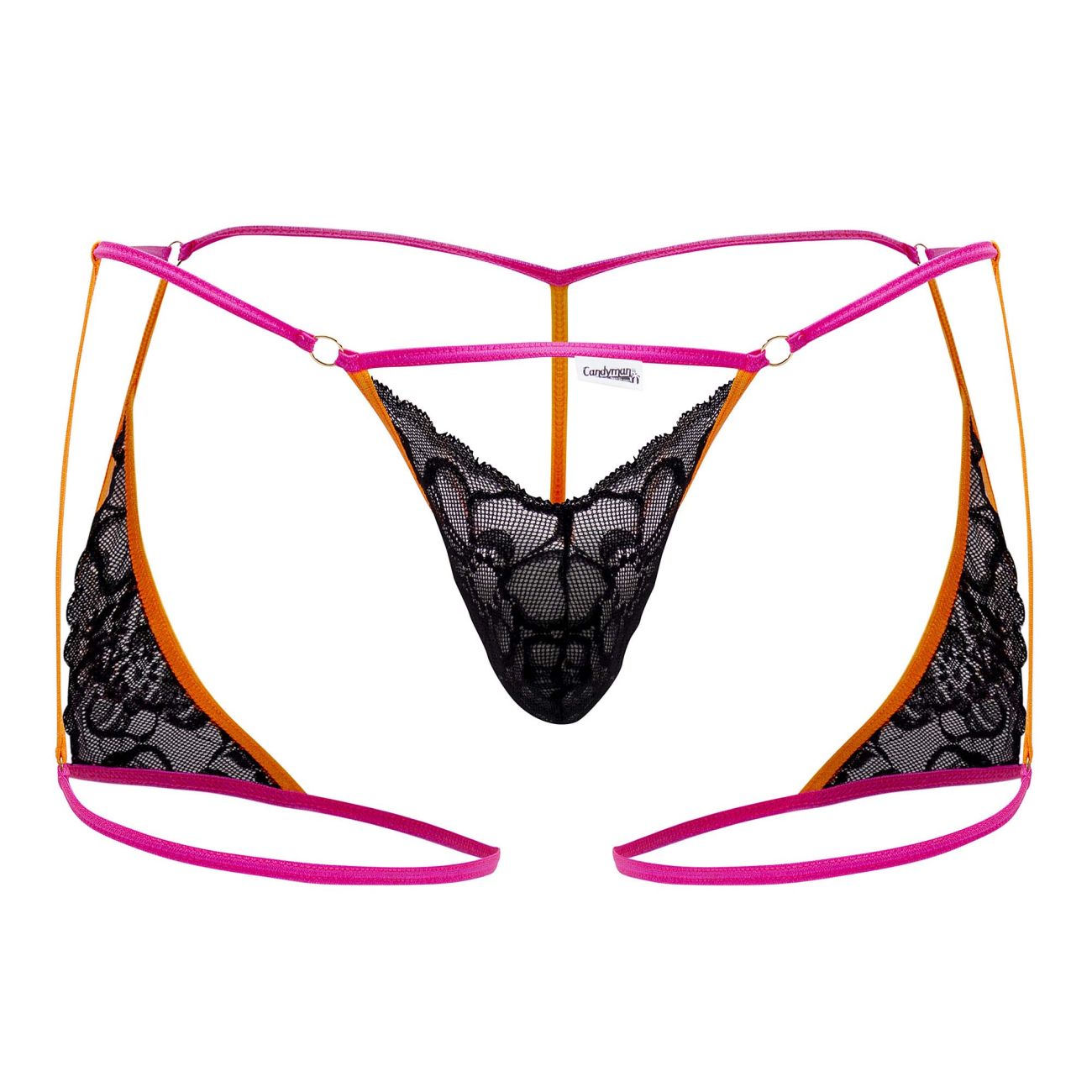 Black lace thong with vibrant pink and orange neon trim from candyman 99678 garter thongs collection