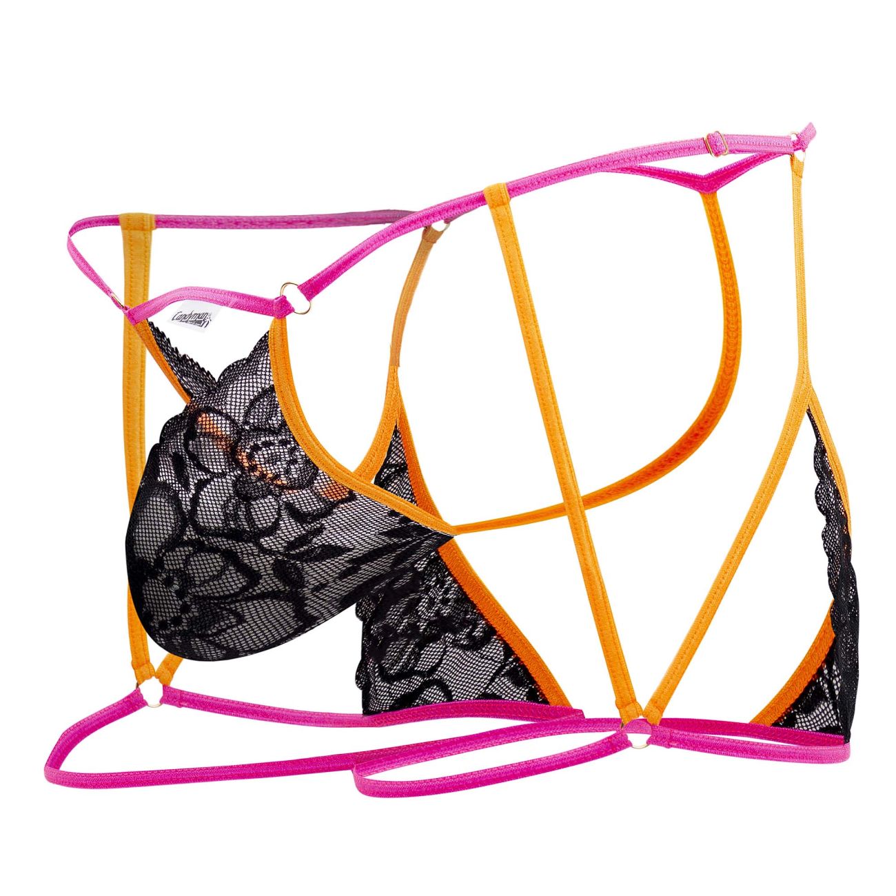 A vibrant neon-black CandyMan 99678 garter thongs set featuring pink and orange lace with sheer black floral pattern