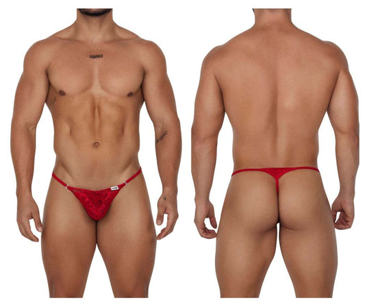 Red lace thong from candyman 99685 featuring delicate lace fabric and a small white brand tag on the side