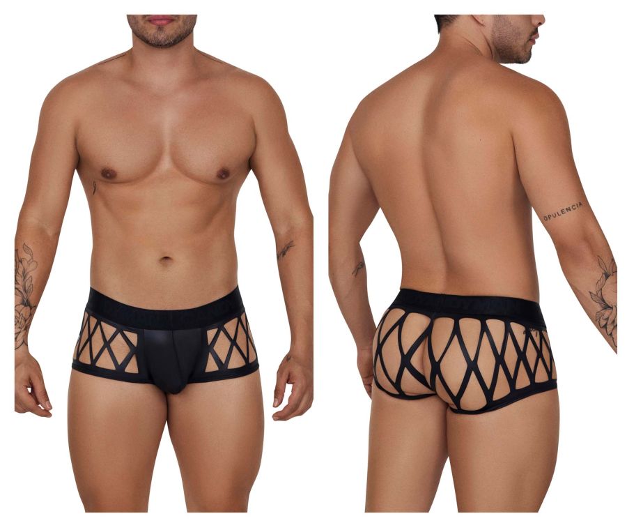 CandyMan 99691 cage trunks black men’s briefs with black lace trim and diamond-patterned mesh design