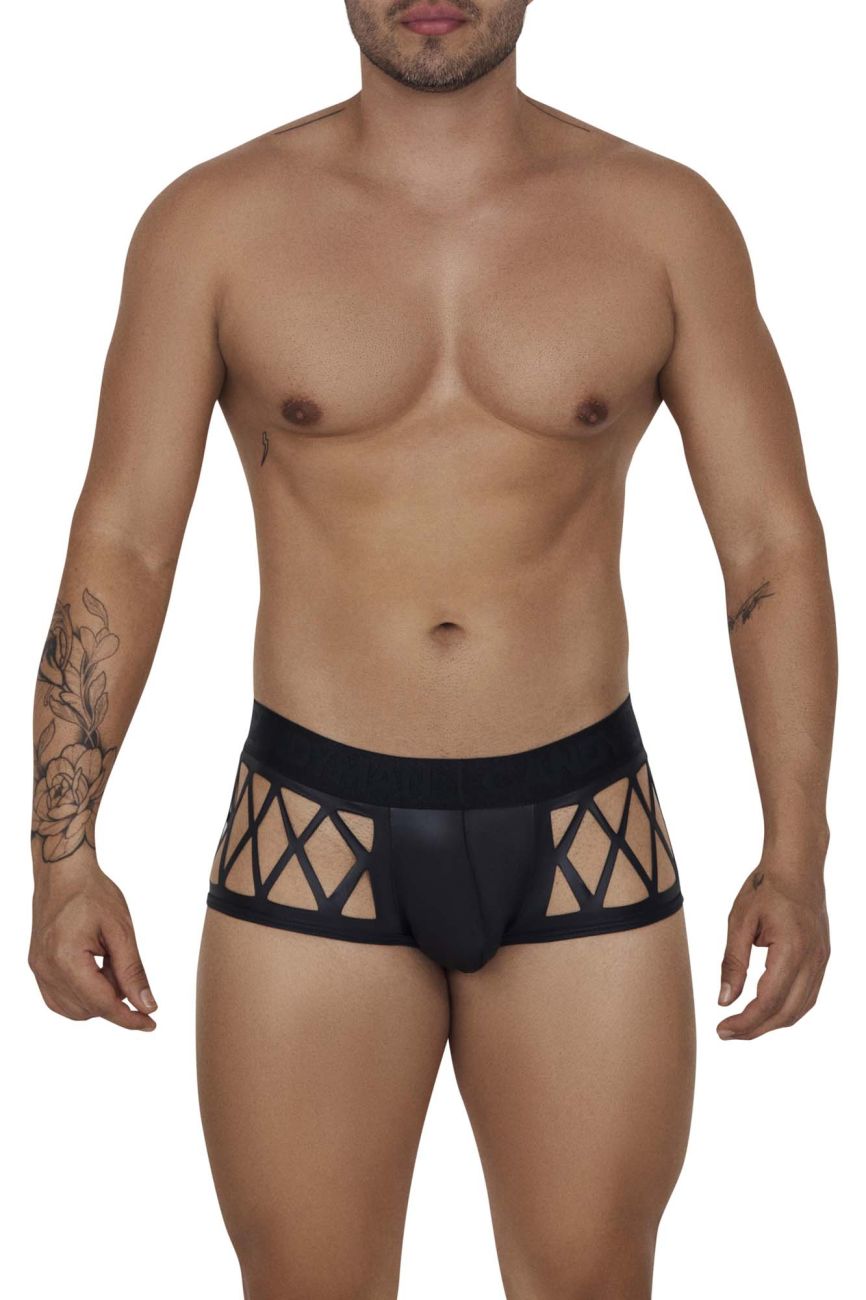 Black lace-trimmed candyMan 99691 cage trunks briefs with geometric cutout pattern in black color