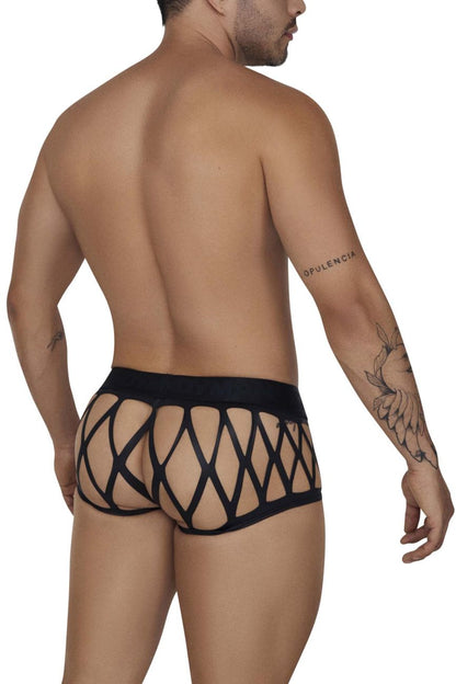 Black lace-trimmed CandyMan 99691 cage trunks in black with bold geometric pattern for stylish men’s underwear