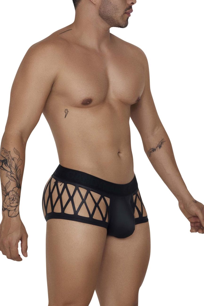 CandyMan 99691 cage trunks in black feature sleek, form-fitting men’s briefs with black lace trim for a stylish look