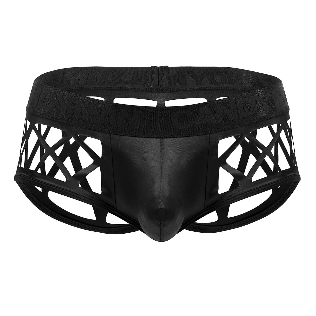 Black faux leather briefs candyMan 99691 cage trunks with geometric lattice design and branded waistband