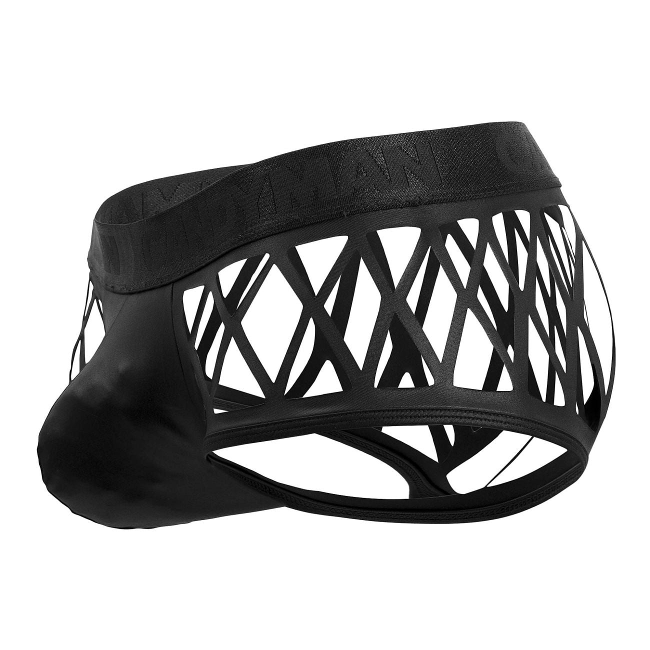 Black leather-trimmed candyMan 99691 cage trunks men’s briefs with geometric lattice design in black color