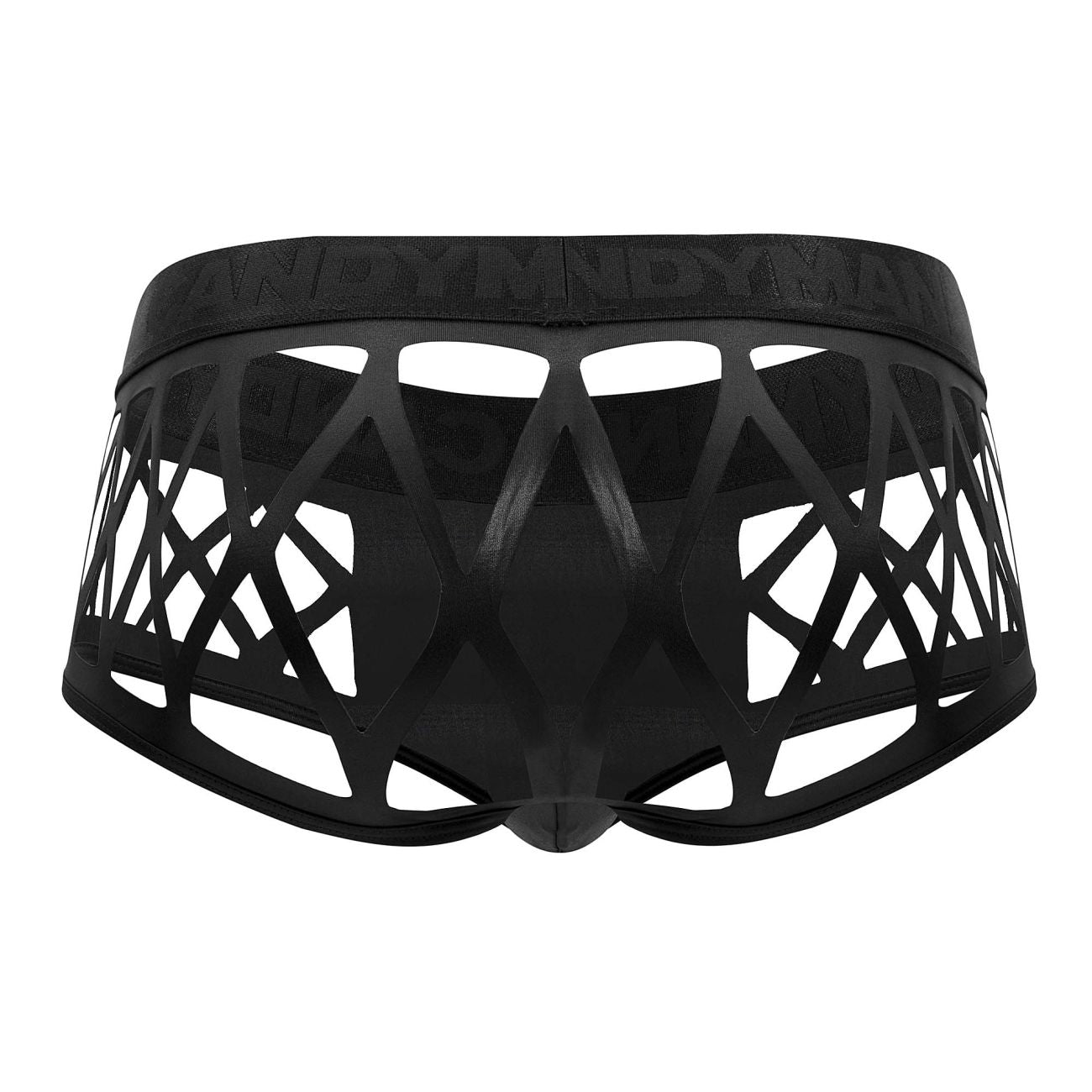 Black men’s CandyMan 99691 Cage trunks with geometric lattice design and dynam embossed waistband in black