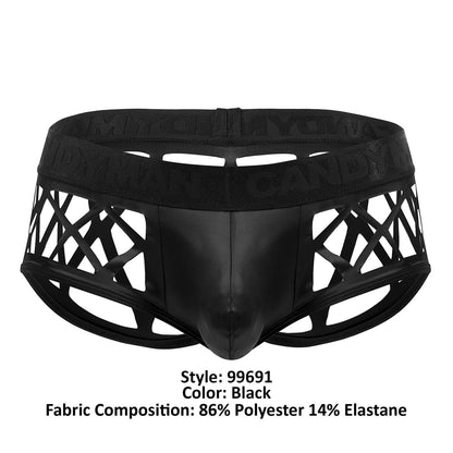 Black candyman 99691 cage trunks with glossy finish and geometric cutout design for men’s briefs
