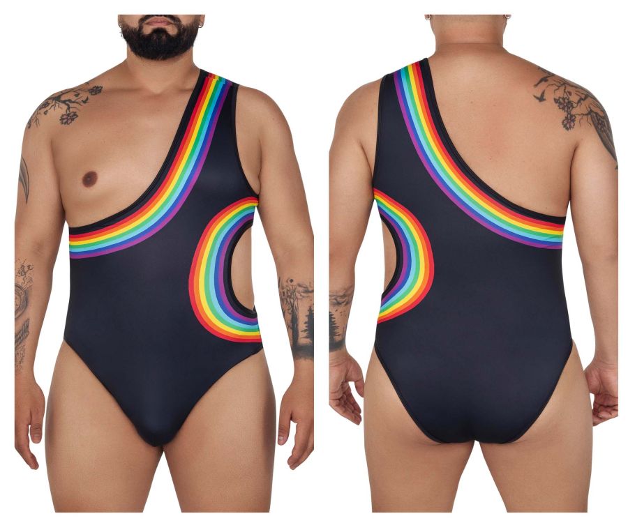 Black candyman 99702x one-piece swimsuit with vibrant rainbow arc and cutout details shown from the back side