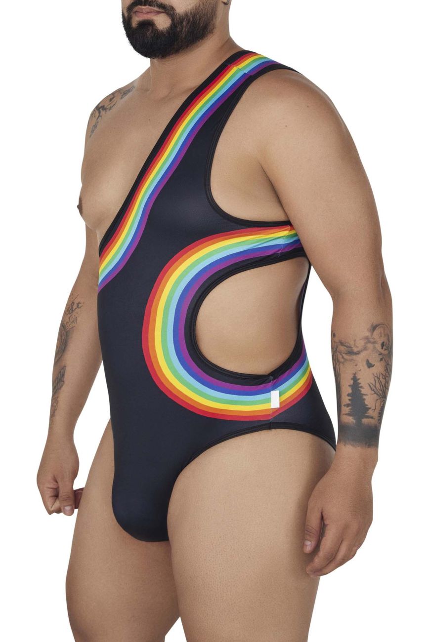 Black CandyMan 99702X one-piece swimsuit with vibrant rainbow arc design across torso and hip area