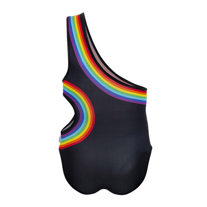 Black CandyMan 99702X one-shoulder swimsuit with vibrant rainbow arc design along shoulder and side