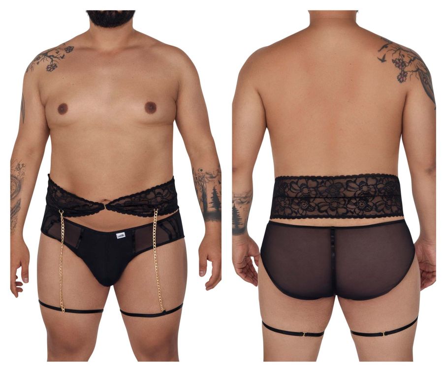 Black candyMan 99703X garter briefs with lace-trimmed sheer fabric gold chain and adjustable leg straps