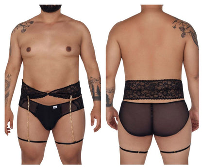 Black candyMan 99703X garter briefs with lace-trimmed sheer fabric gold chain and adjustable leg straps