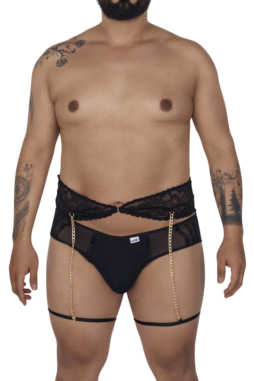 Black candyMan 99703X garter briefs with lace trim gold chain detail and mesh panels in a two piece set