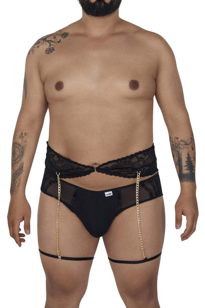 Black candyMan 99703X garter briefs with lace trim gold chain detail and mesh panels in a two piece set