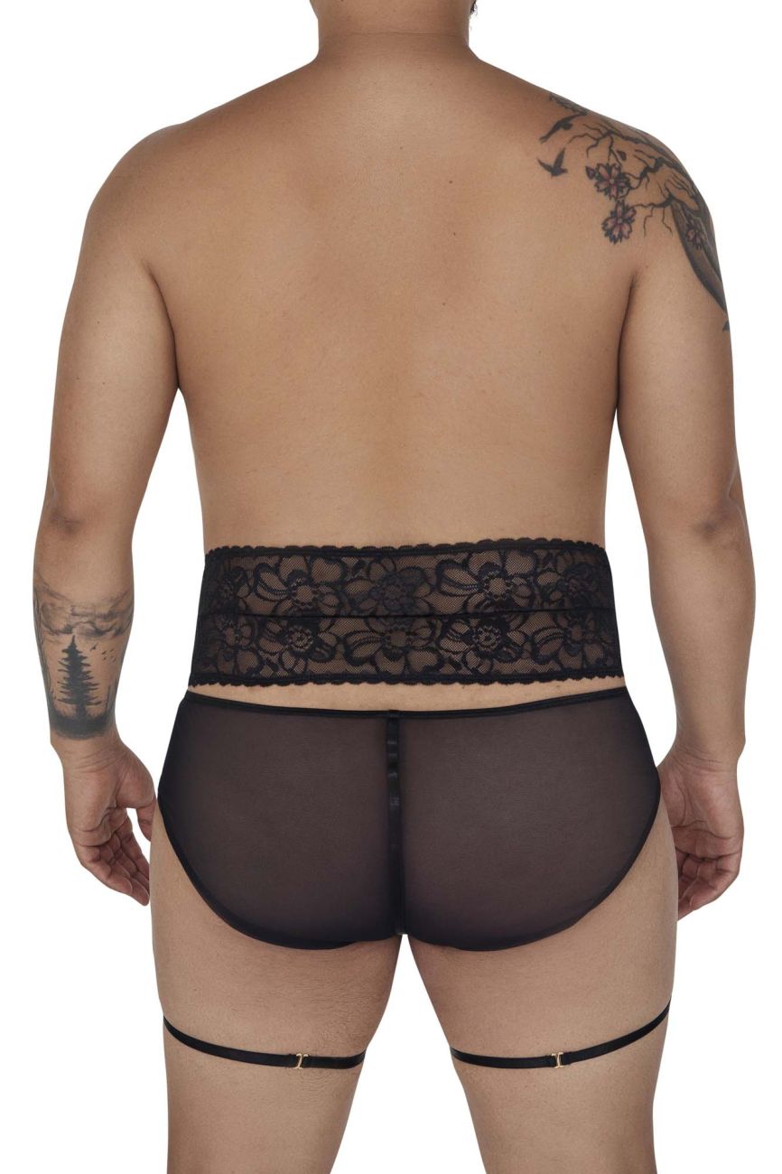 Black candyMan 99703X garter briefs two piece set featuring lace-trimmed sheer briefs with matching thigh straps