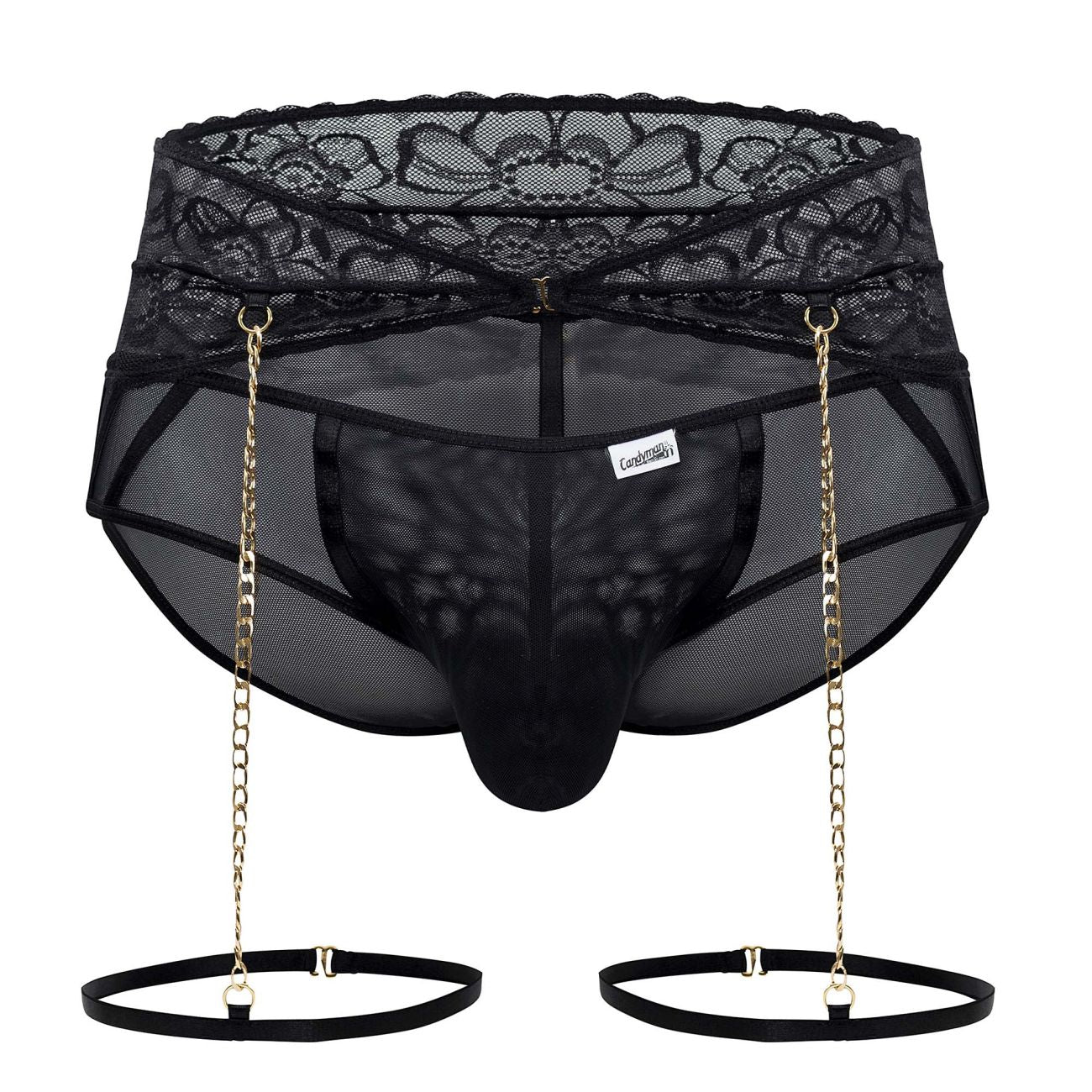 Black lace-trimmed mesh briefs with gold chain suspenders and elastic straps from candyman 99703x garter briefs set