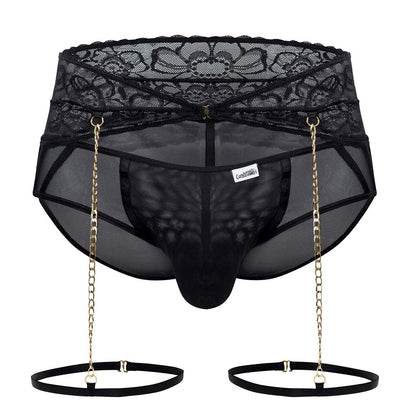 Black lace-trimmed mesh briefs with gold chain suspenders and elastic straps from candyman 99703x garter briefs set