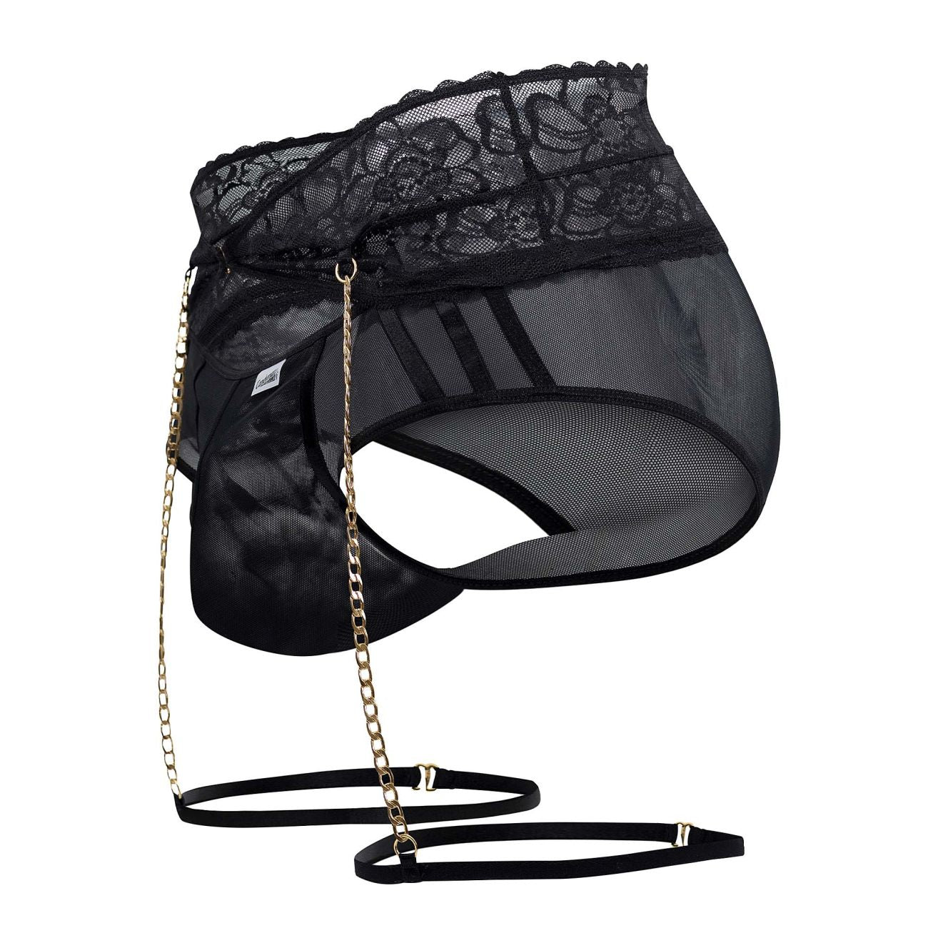 Black lace-trimmed mesh hip bag with gold chain strap and adjustable belt from candyman 99703x garter briefs set