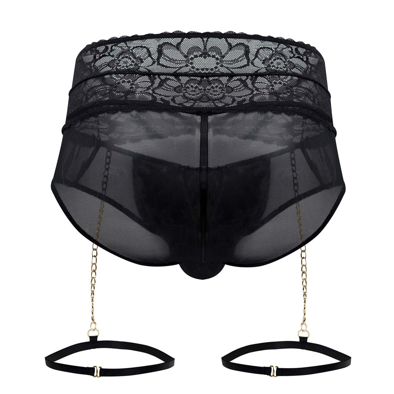 Black candyMan 99703X garter briefs two piece set with lace-trimmed mesh briefs gold chain suspenders and adjustable straps