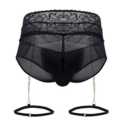 Black candyMan 99703X garter briefs two piece set with lace-trimmed mesh briefs gold chain suspenders and adjustable straps