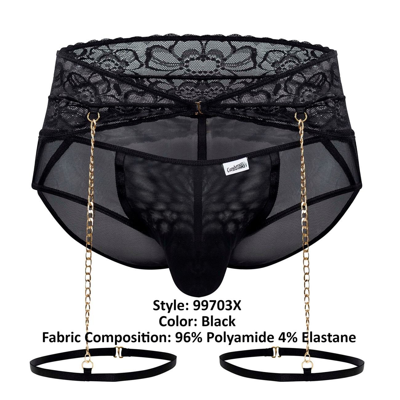 Black candyMan 99703X garter briefs two piece set featuring lace trim mesh briefs with gold chain suspenders and black straps