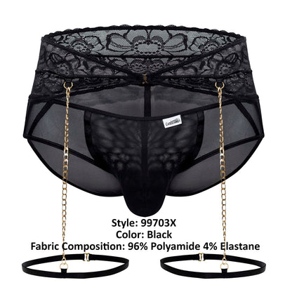 Black candyMan 99703X garter briefs two piece set featuring lace trim mesh briefs with gold chain suspenders and black straps