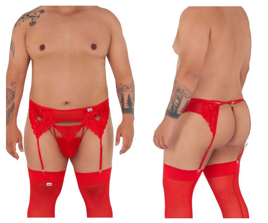 CandyMan 99589X Spitzen-String mit Strumpfhalter, Farbe Rot