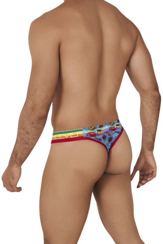 Rainbow-striped Clever 0609-1 Motivation thong with colorful fruit design and red trim in blue shown from the back side