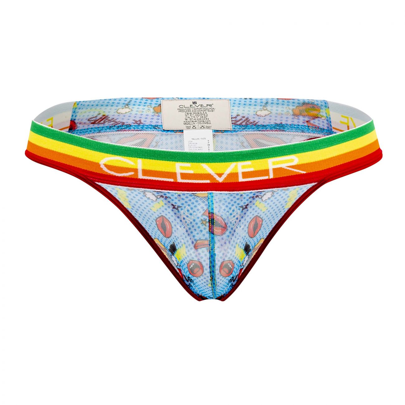 Clever 0609-1 motivation men’s thong in blue mesh with cartoon coffee designs and rainbow-striped waistband