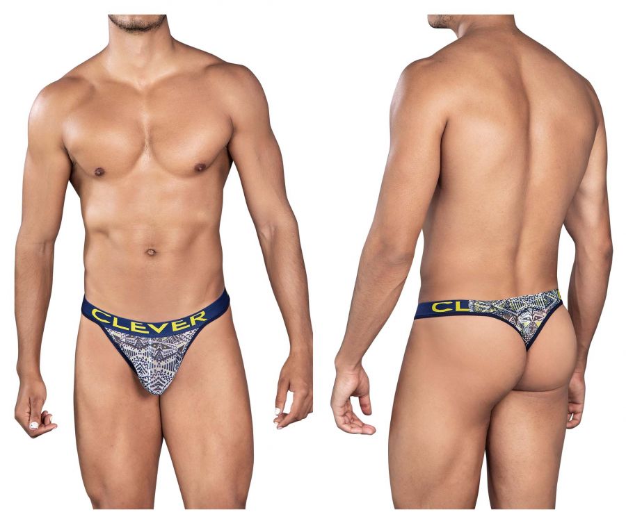 Blue and white patterned men’s briefs with yellow clever branding on waistband from clever 0921 tribal thongs color white collection