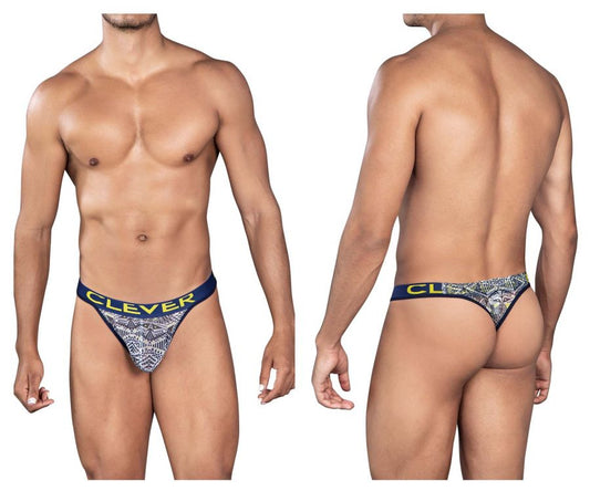 Blue and white patterned men’s briefs with yellow clever branding on waistband from clever 0921 tribal thongs color white collection
