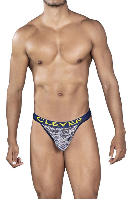 Navy blue and white patterned clever 0921 tribal thong with yellow branding on the waistband in white color