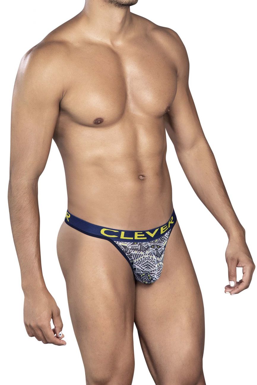 Navy blue and white patterned clever 0921 tribal thong with yellow waistband lettering in white color front view