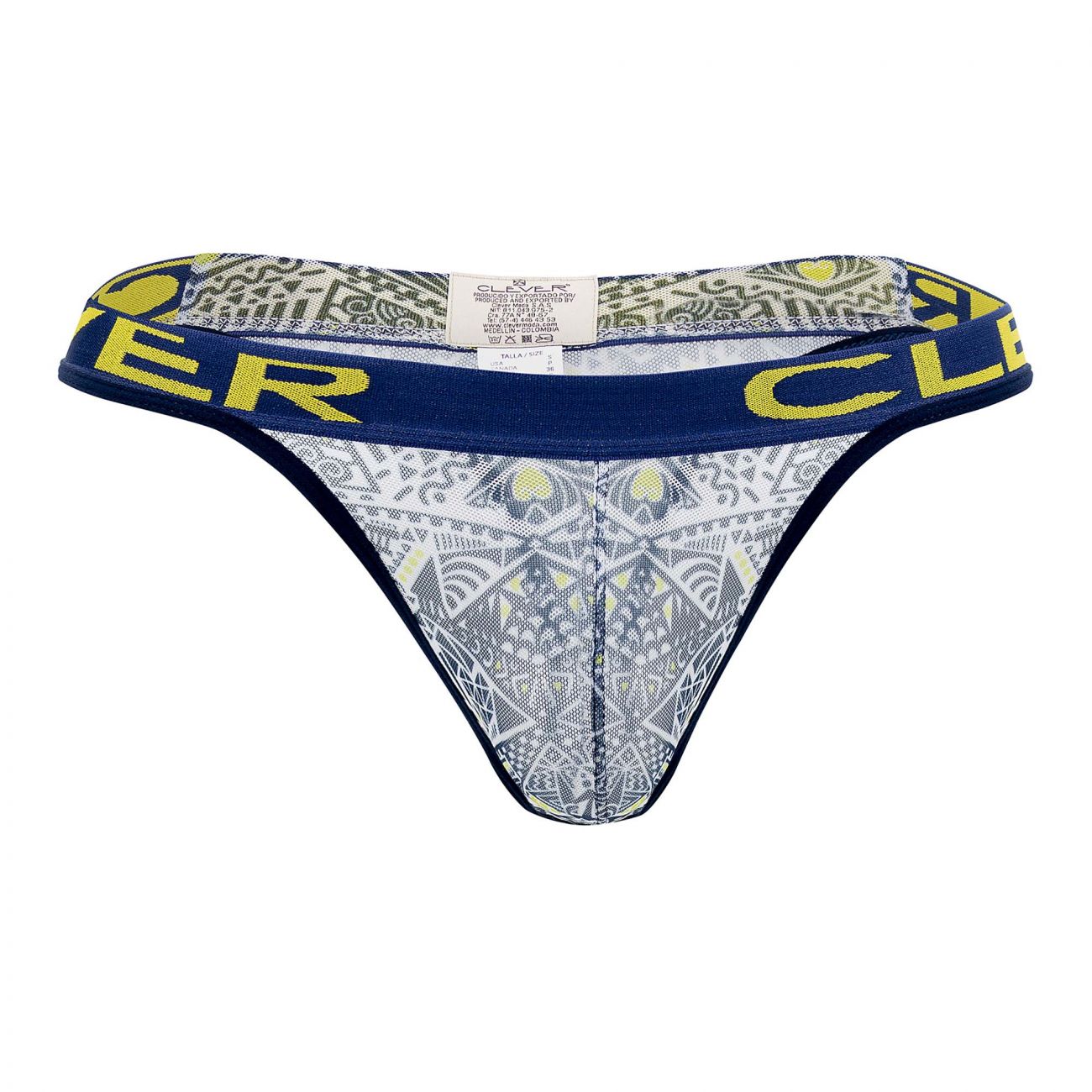 Blue and yellow patterned thong with geometric design and clever branding on waistband in white color