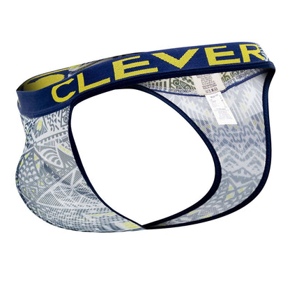 Blue and yellow patterned men’s briefs with a geometric design from clever 0921 tribal thongs color white collection